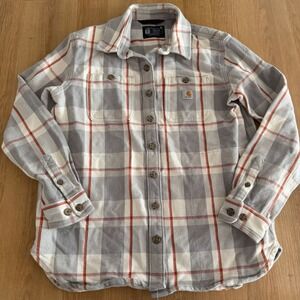 Carhartt Womens Loose Fit‎ Plaid Flannel Heavyweight Shirt Grey Orange XS